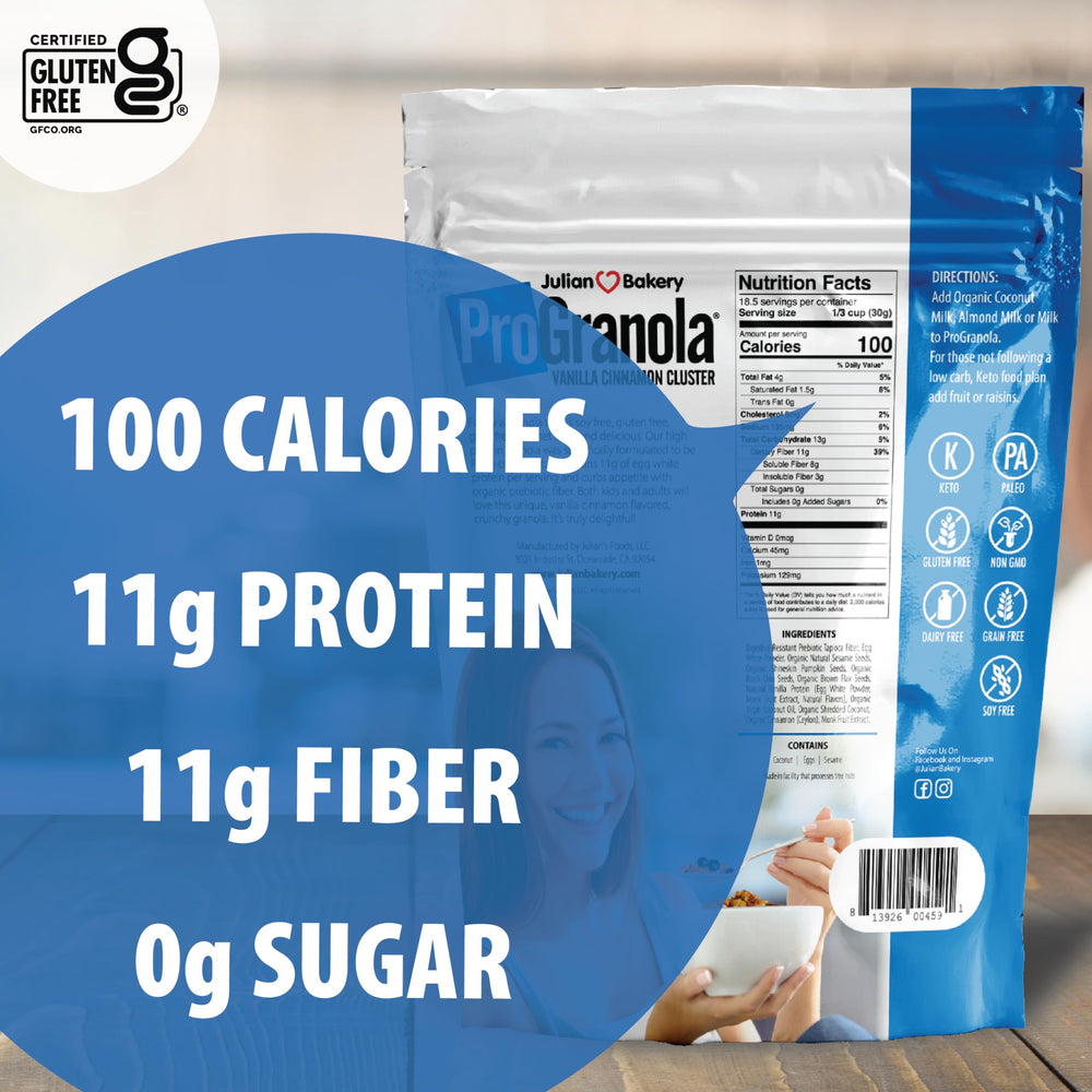 Julian Bakery ProGranola Vanilla Cinnamon ingredients closeup highlighting paleo-friendly nutrients