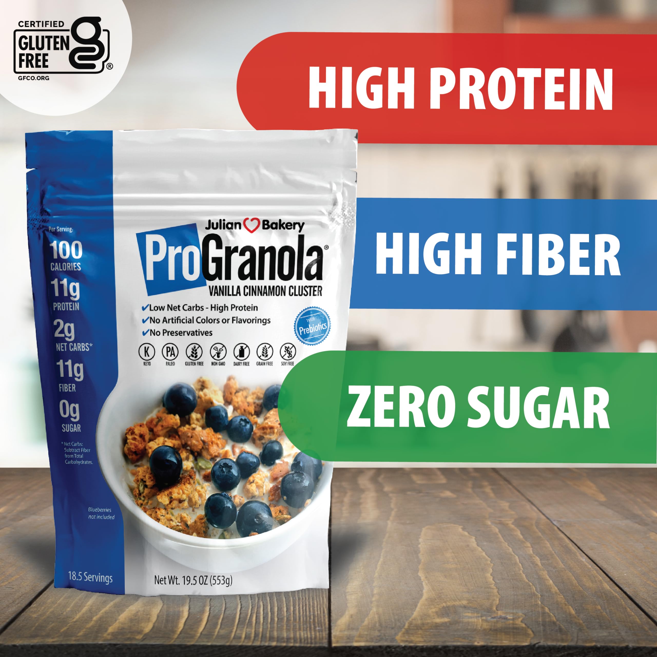 Julian Bakery ProGranola Vanilla Cinnamon pouring into a bowl for quick breakfast