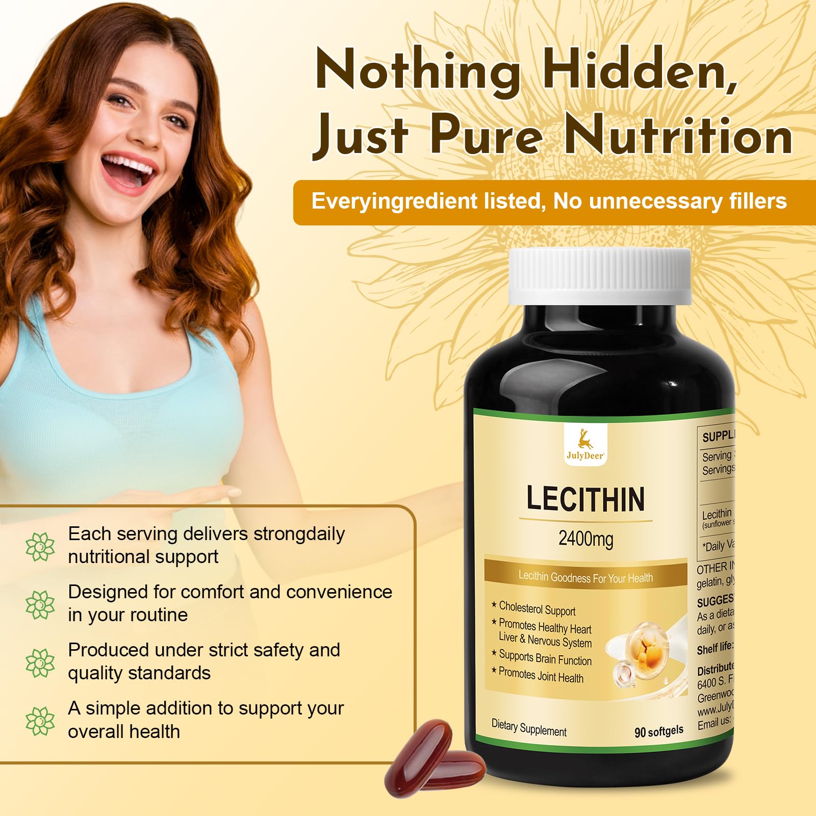 JulyDeer sunflower lecithin bottle label shows non-GMO and soy-free attributes.