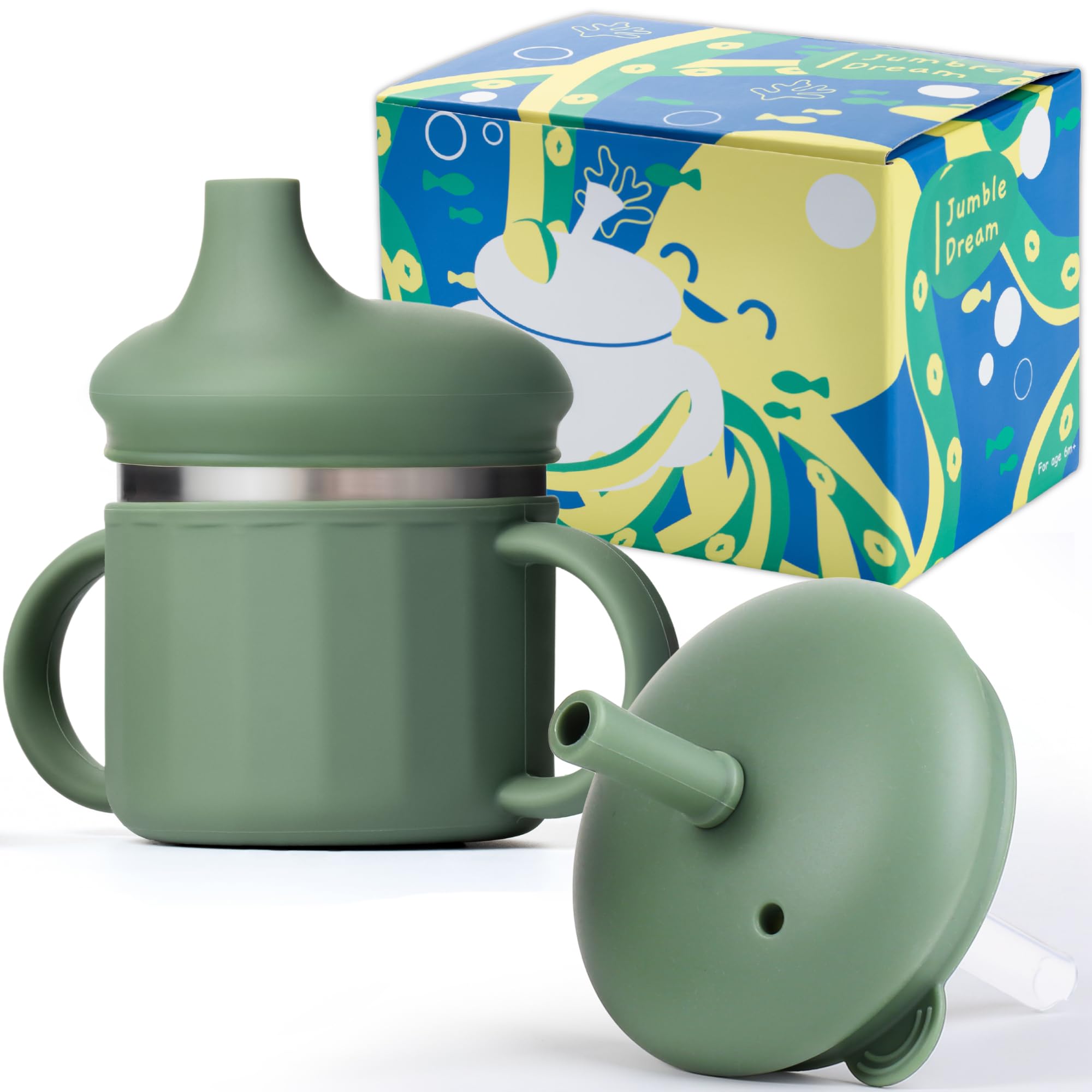 Jumble Dream Sage Breeze sippy cup front view with easy-grip for little hands.