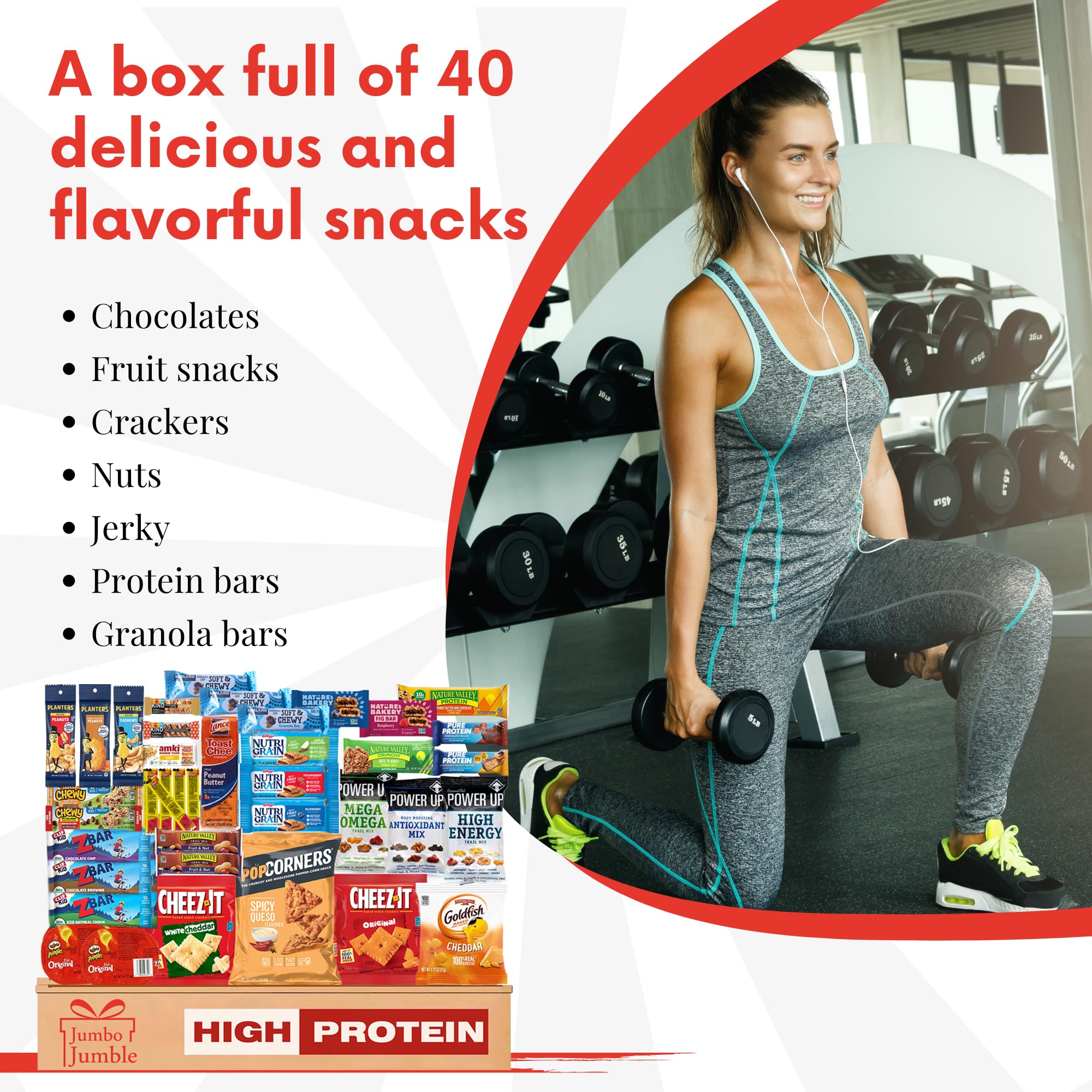 Jumbo Jumble snack variety pack showcases sweet, salty, chewy, and crunchy options.