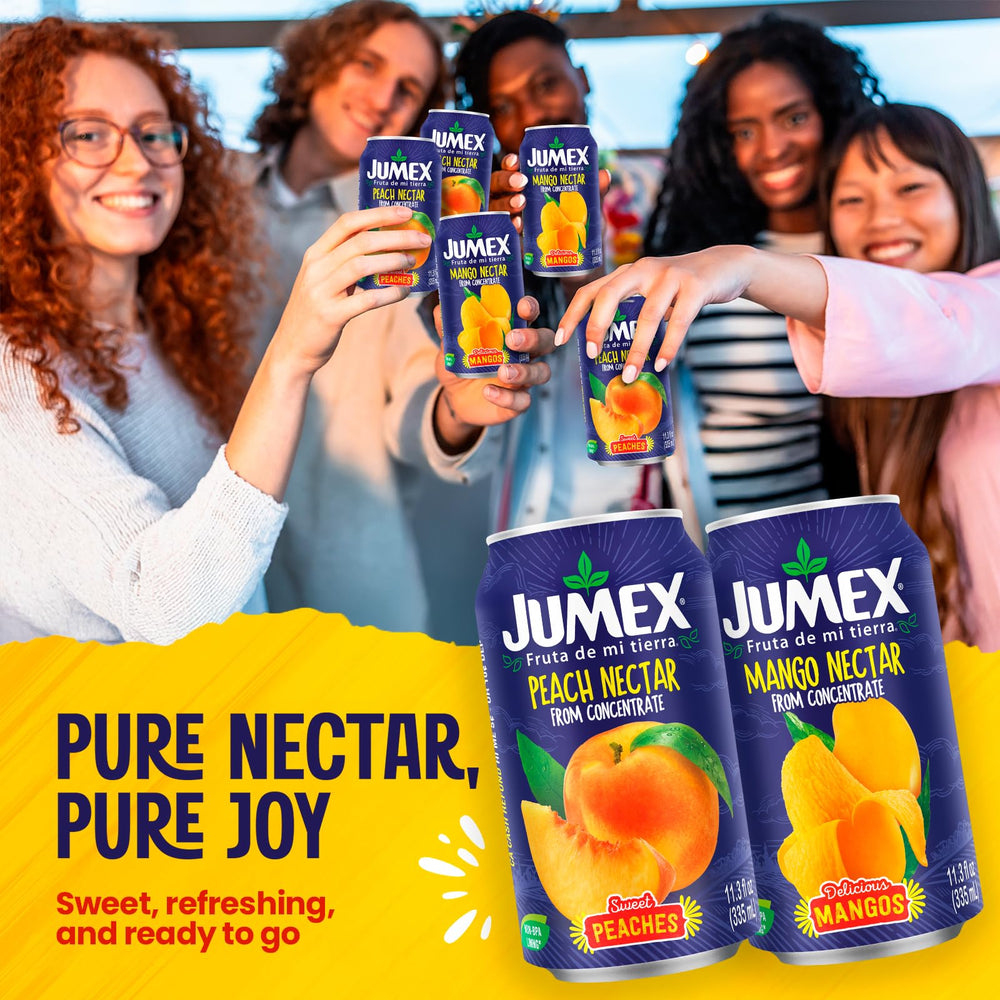 Jumex Mango Nectar label closeup emphasizes fresh fruit puree