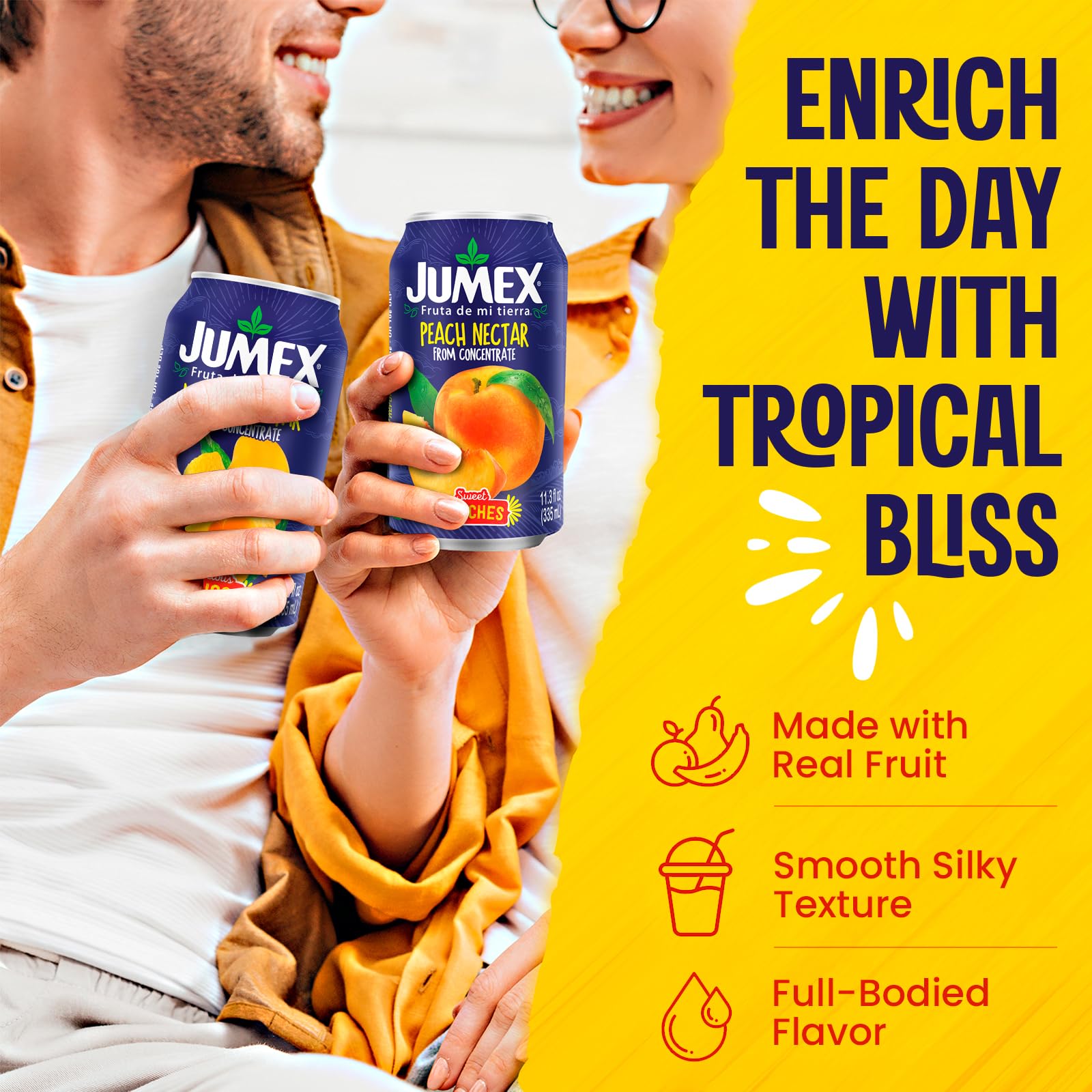 Jumex Peach Nectar label closeup underscores natural peach sweetness