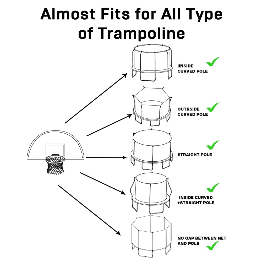 Jump Tastic Trampoline Hoop includes mini basketball for practice.