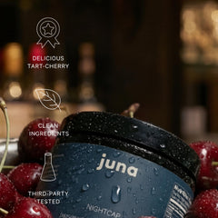 Ingredient illustration shows tart cherry and passionflower for night support.