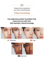 Buildable coverage of JUNG SAEM MOOL Essential Skin Nuder Cushion from sheer to medium with glow.