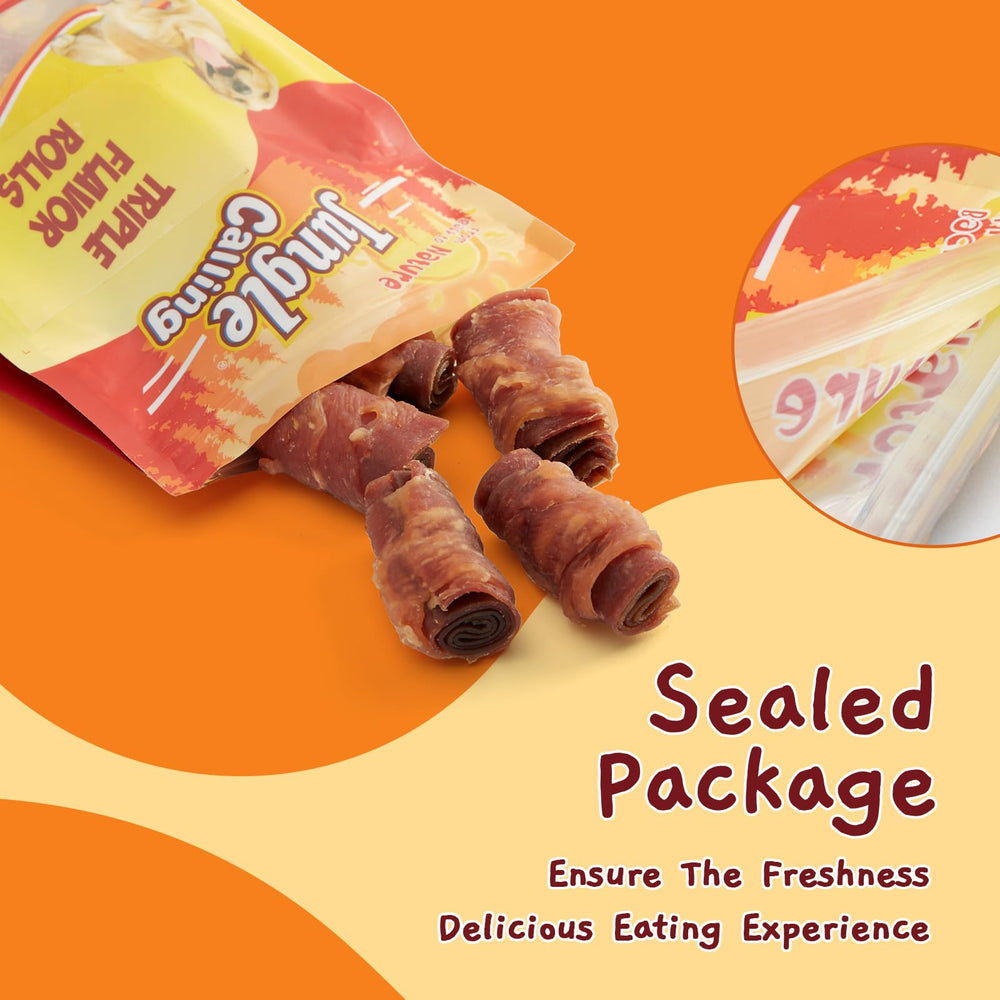 Package label of Jungle Calling with calorie information per pack.