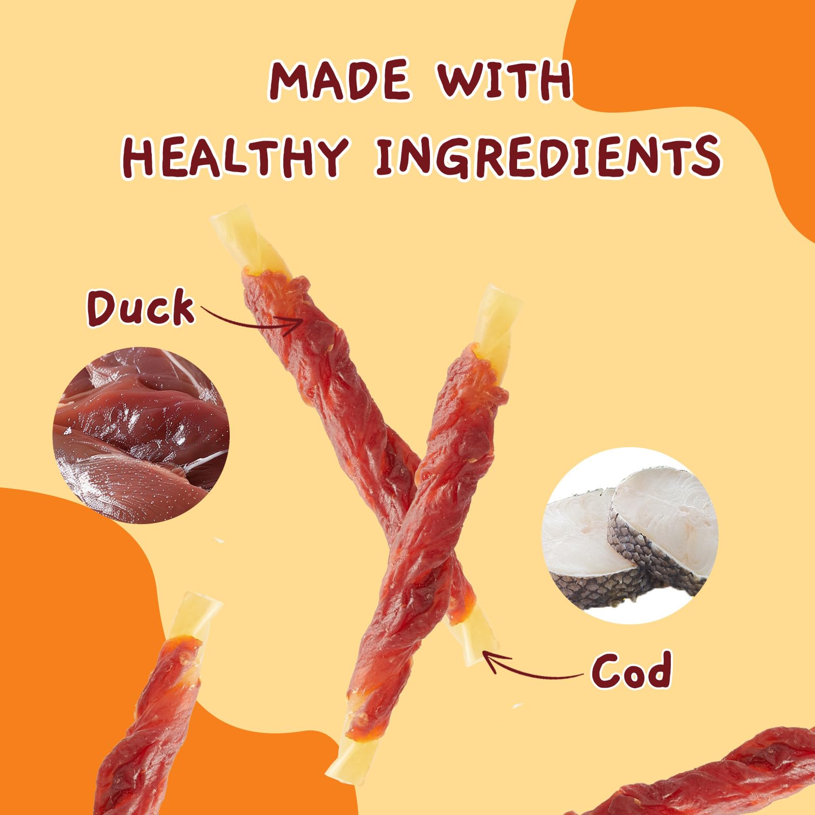 Jungle Calling Duck Wrapped Cod Sticks closeup—premium ingredients for tasty rewards.