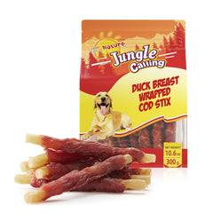 Jungle Calling Duck Wrapped Cod Sticks pack—natural, rawhide-free treats for dogs.