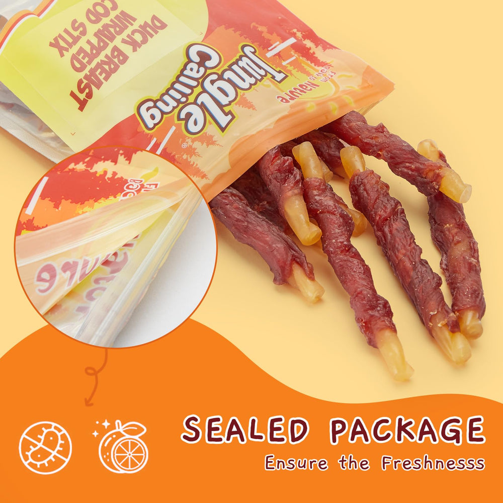 Jungle Calling Duck Wrapped Cod Sticks portion-size—easy to portion during training.