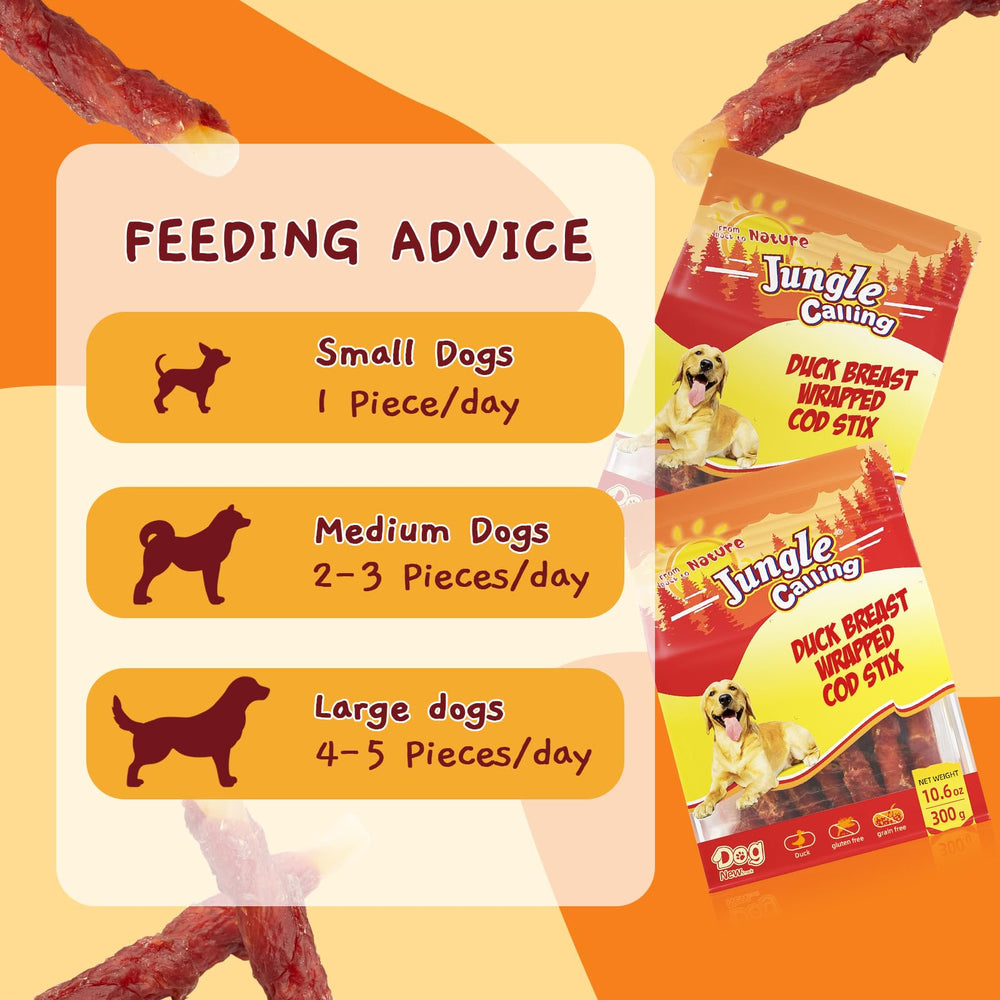 Jungle Calling Duck Wrapped Cod Sticks texture—chewy bite loved by dogs.