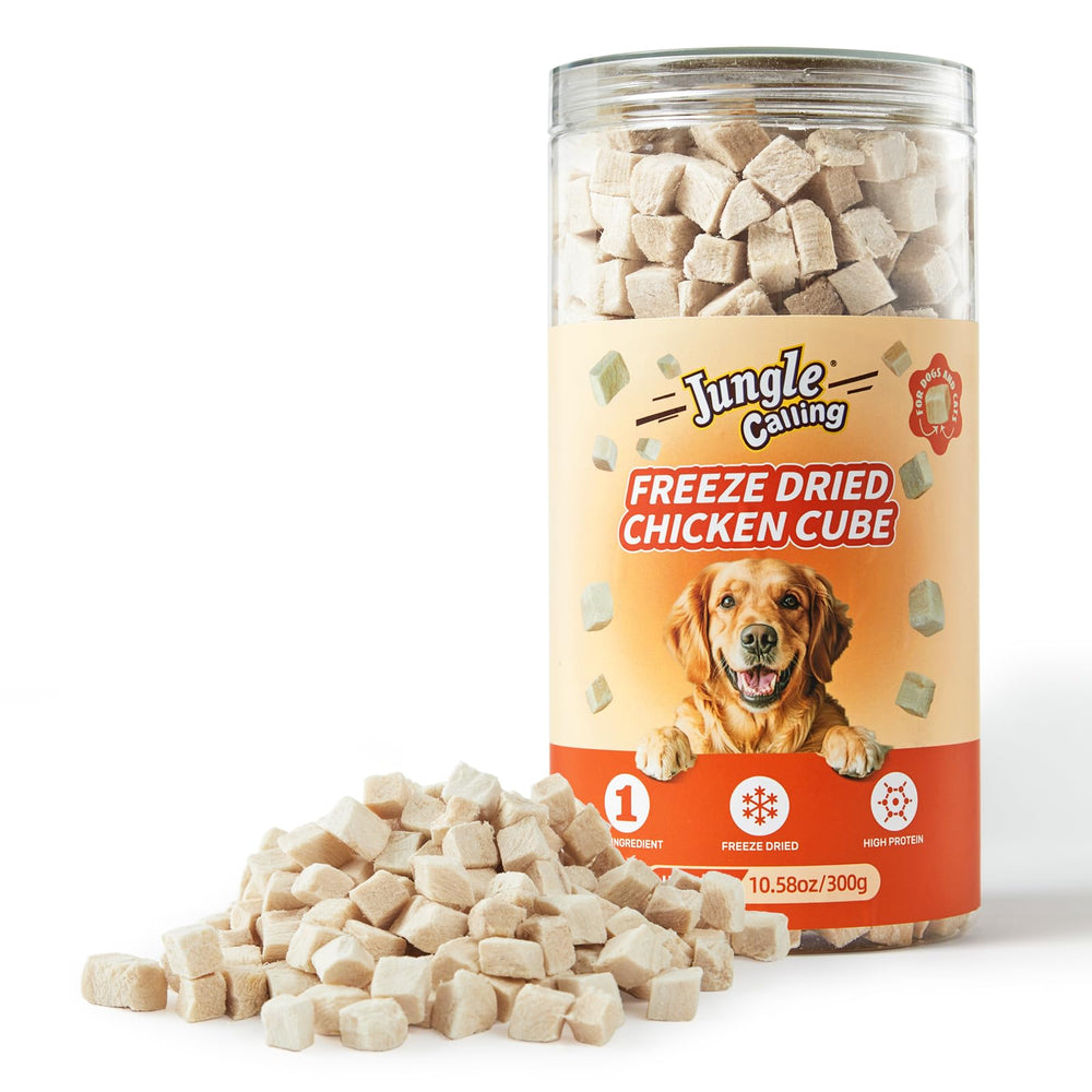 Jungle Calling freeze-dried chicken treats in a jar, convenient pet snack.