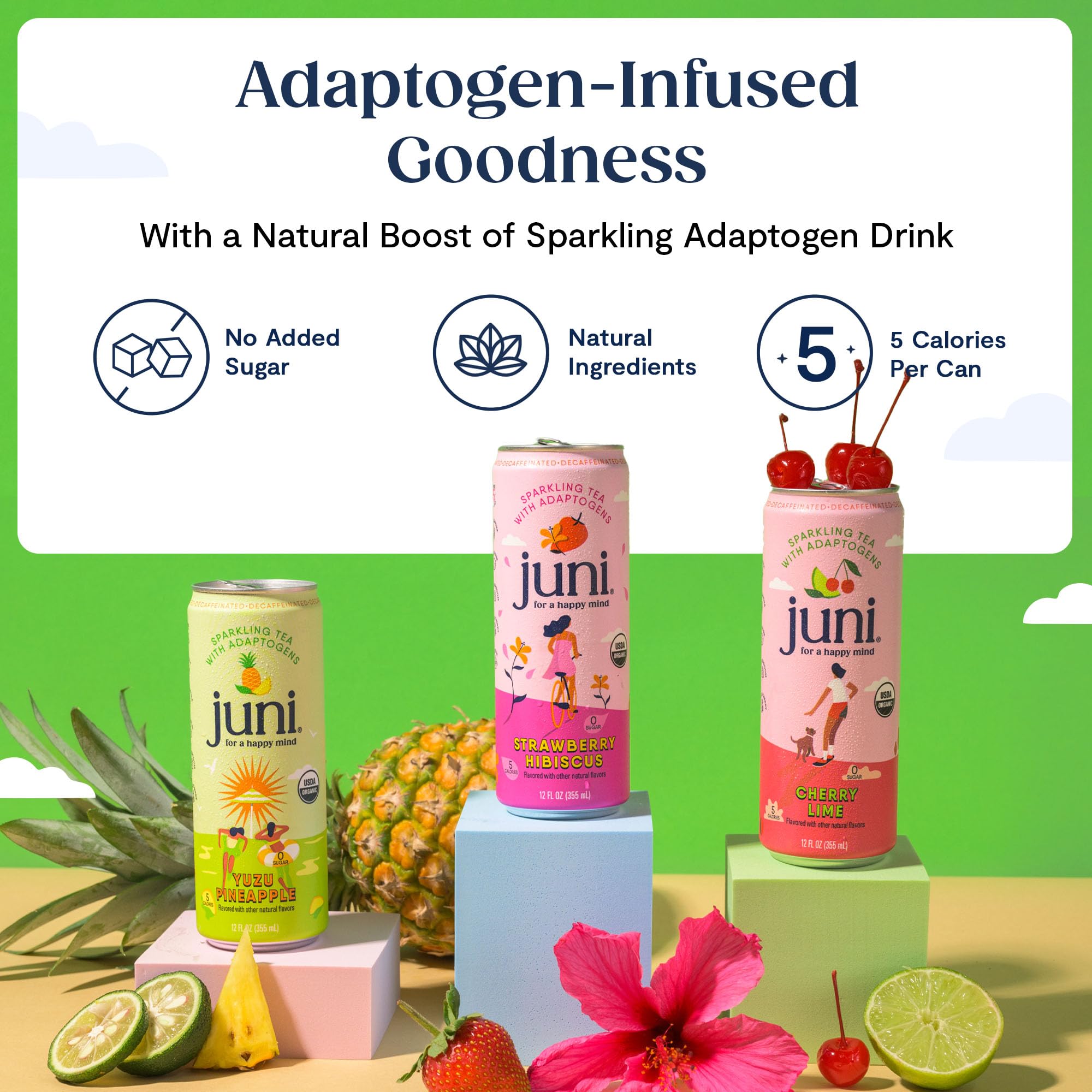 JUNI Cherry Lime can delivers a zesty lift for focus moments.