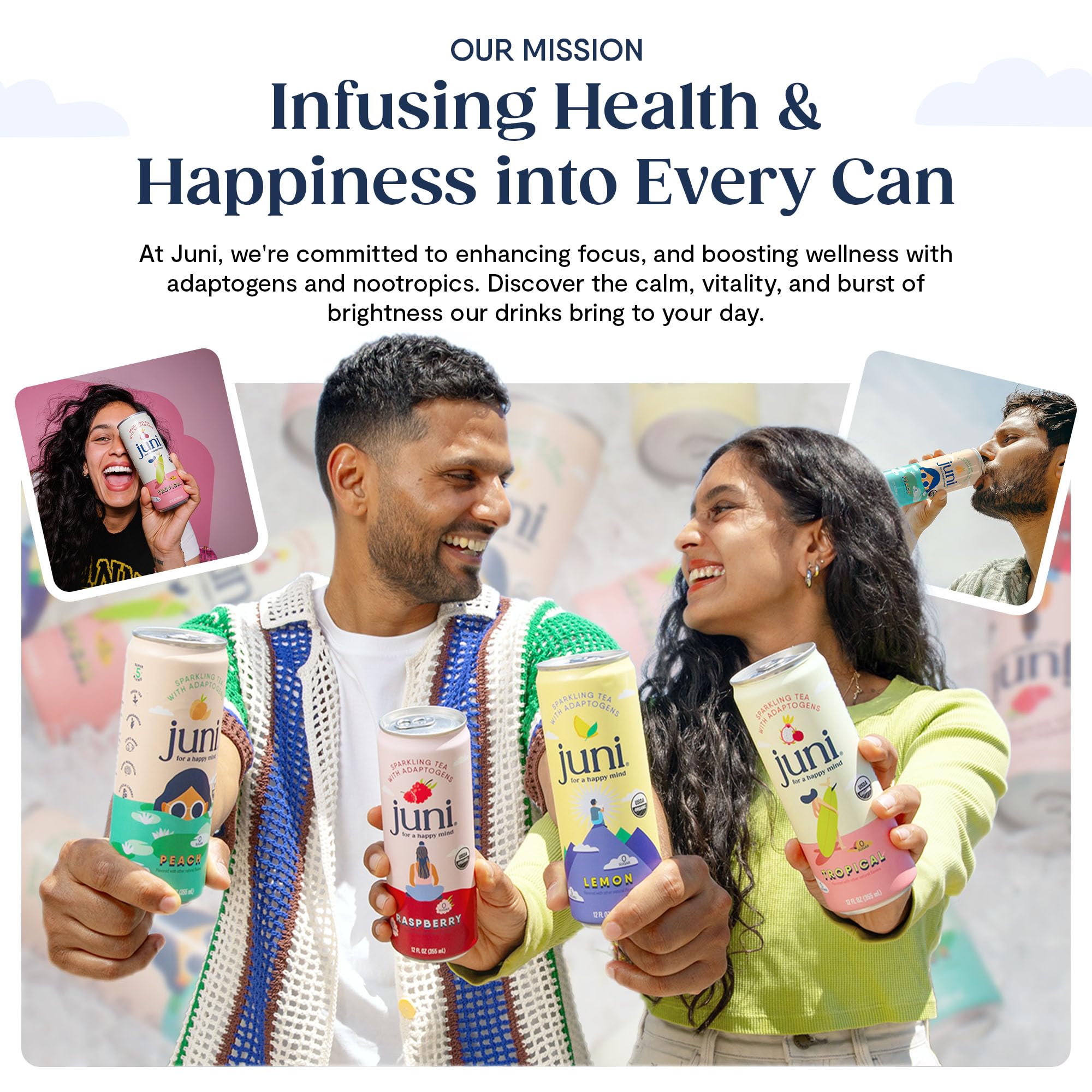 JUNI peach adaptogen can with zero sugar pleasure and uplifting finish.