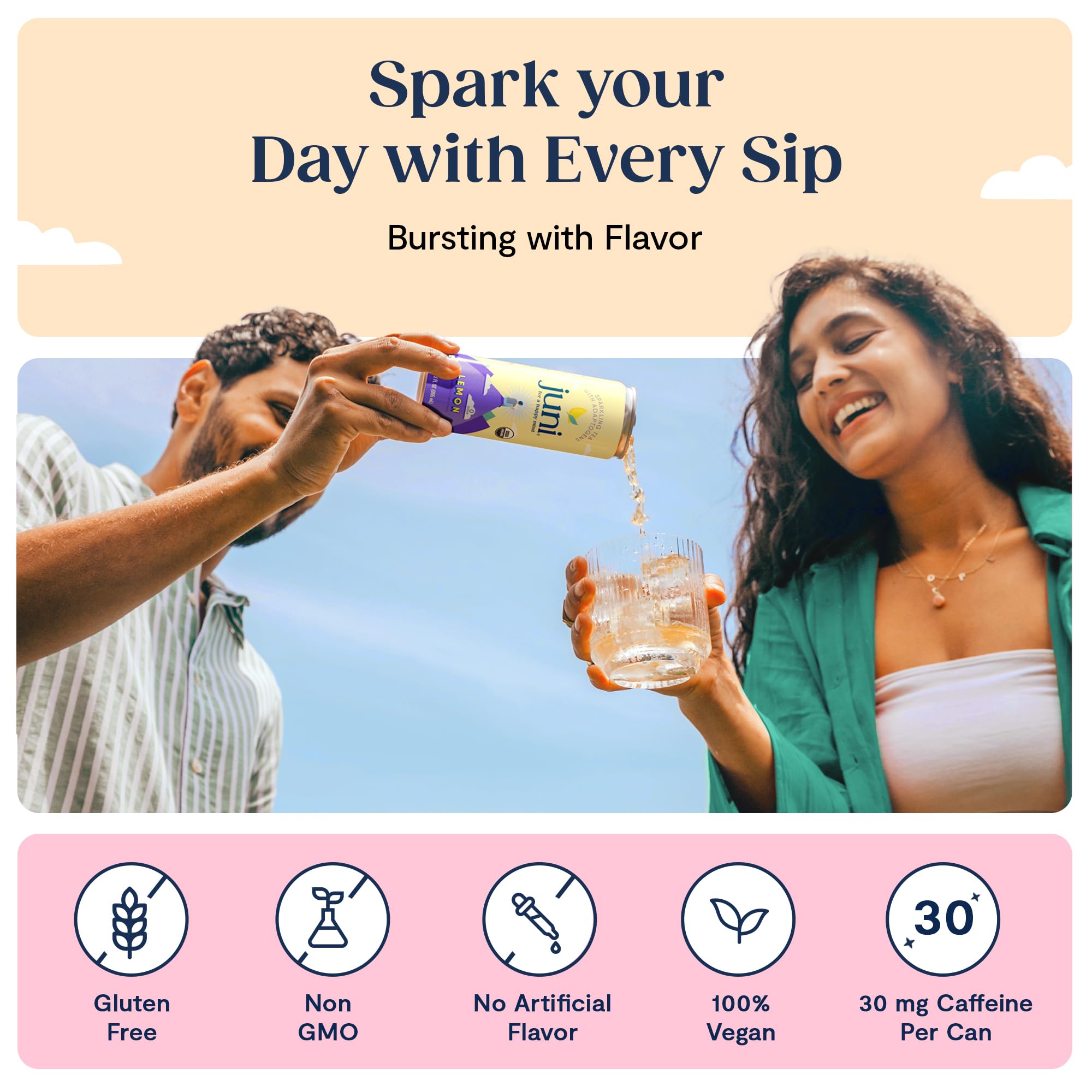 JUNI bottle with fizz suggesting mocktail-friendly refreshment.