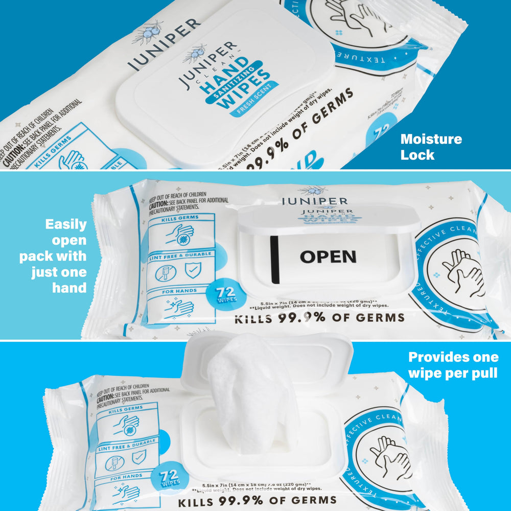 Juniper CLEAN travel-size wipes, easy to carry in bag or pocket