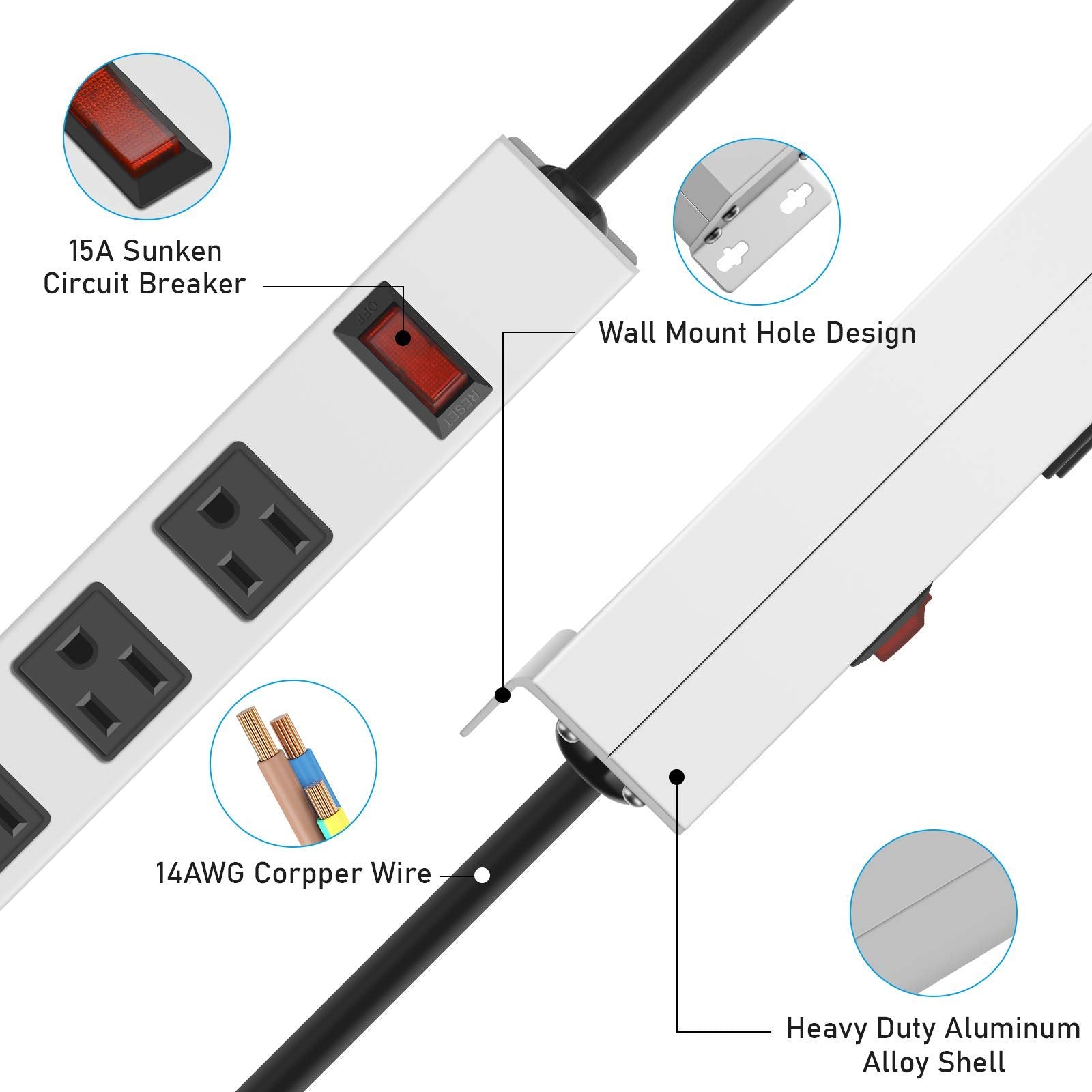 JUNNUJ 125V 1875W rating supports multiple devices safely.