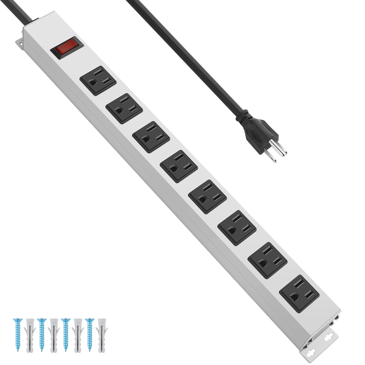 JUNNUJ metal 8-outlet power strip with wall-mount for organized desks.