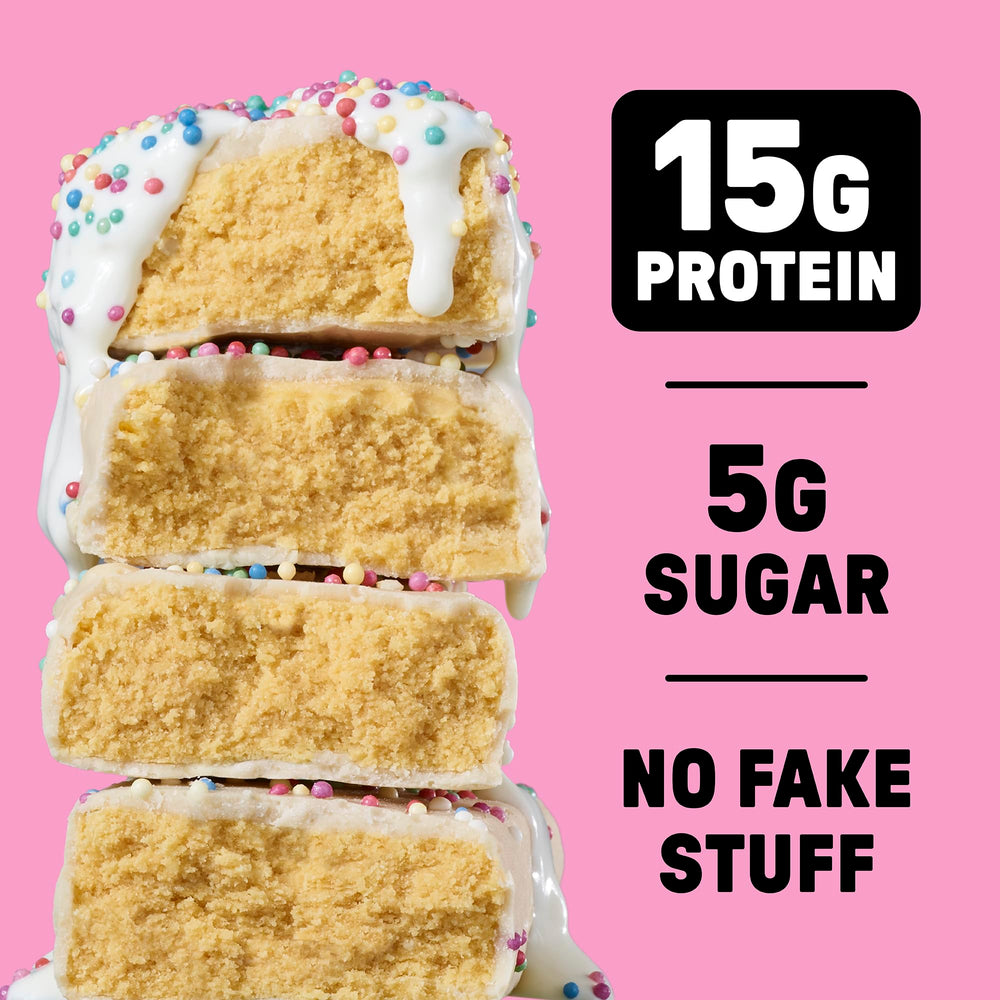 Junkless Birthday Cake Bar bite shot suggesting satisfying mid-day energy.