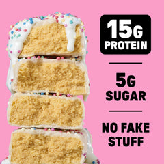 Junkless Birthday Cake Bar bite shot suggesting satisfying mid-day energy.