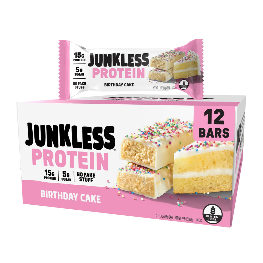Junkless Birthday Cake Bar pack on shelf, a convenient snack option.