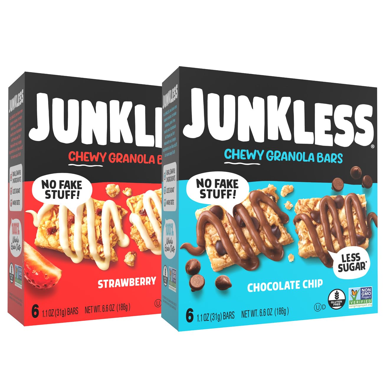 JUNKLESS chewy granola bars twin pack chocolate chip and strawberry, convenient grab-and-go snack