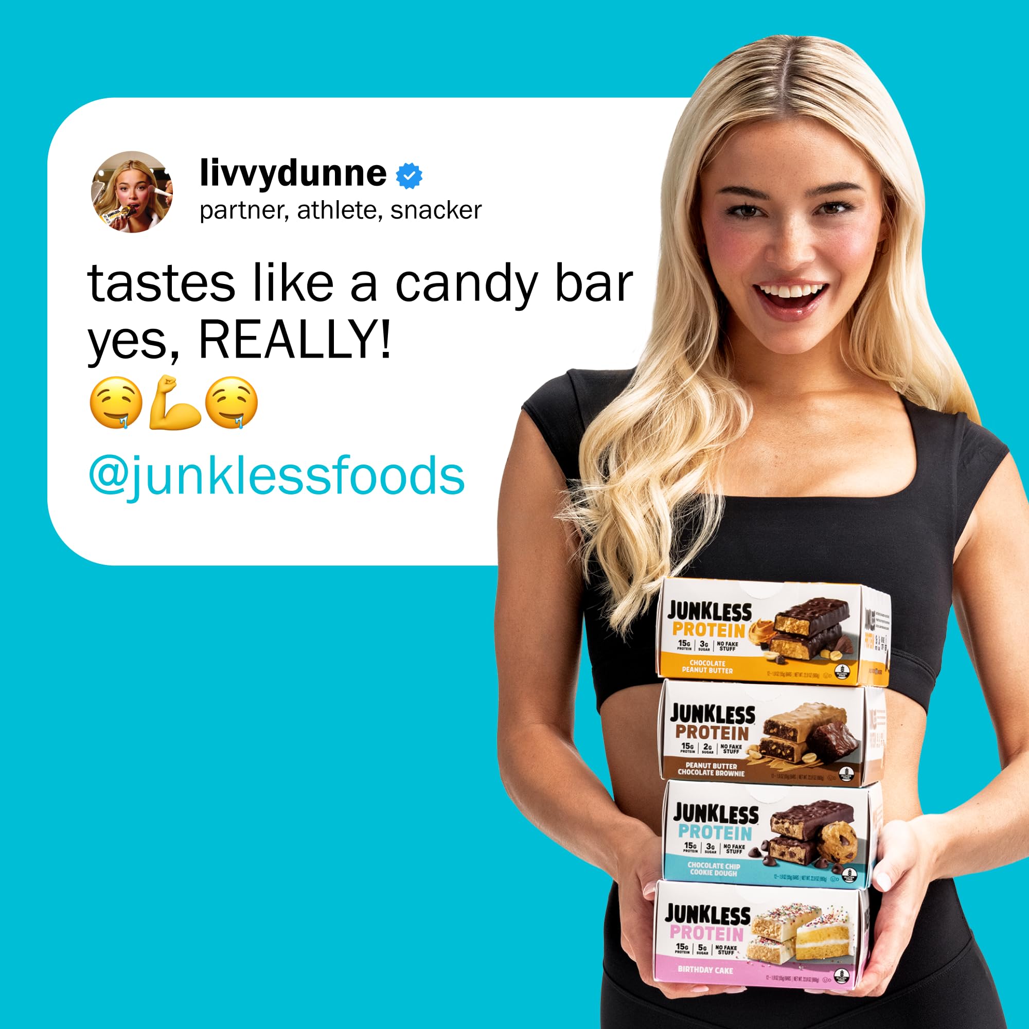 JUNKLESS Bar texture close-up emphasizing chewy bite and fiber content