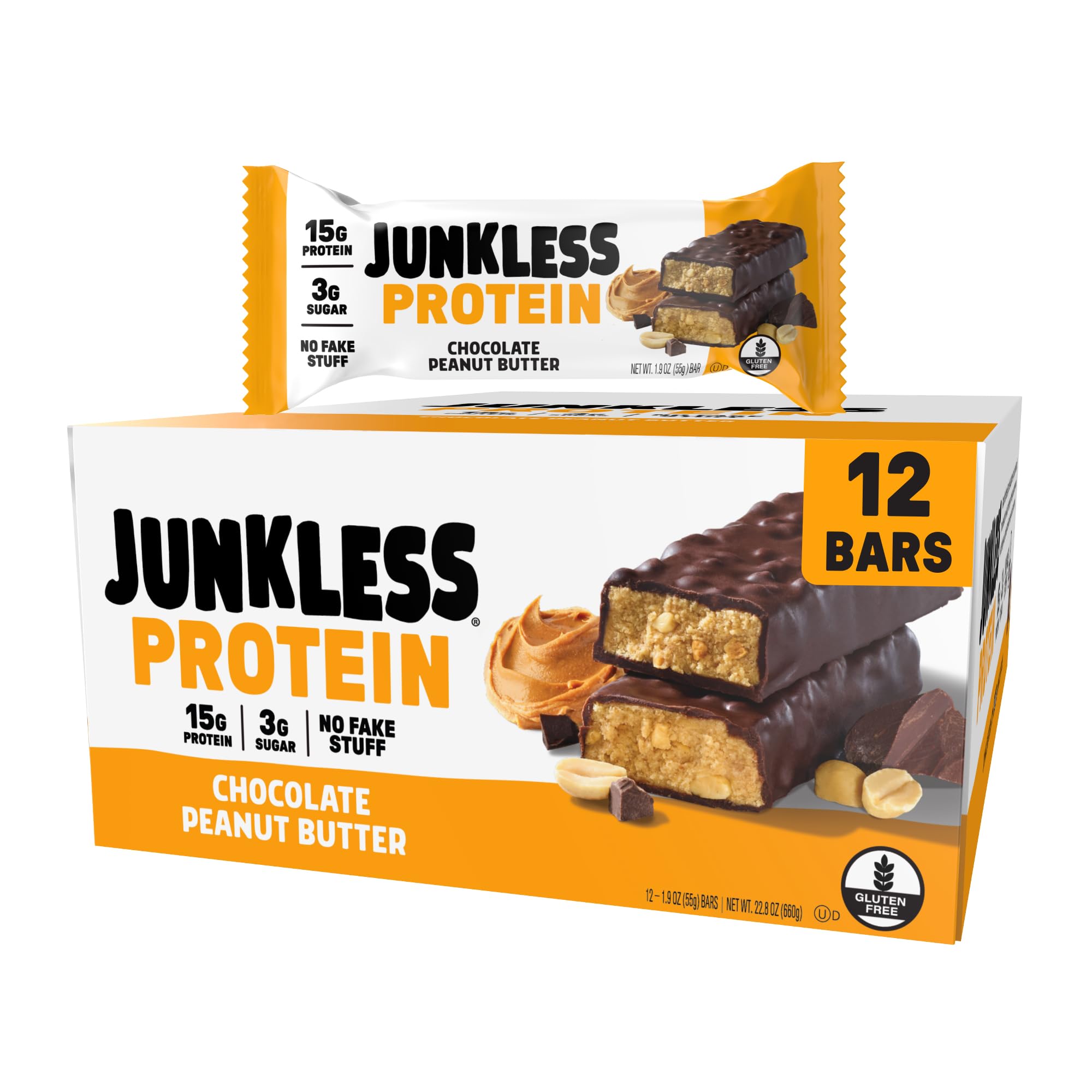 Junkless Chocolate Peanut Butter Bar packaging highlights gluten-free, high-protein snack.