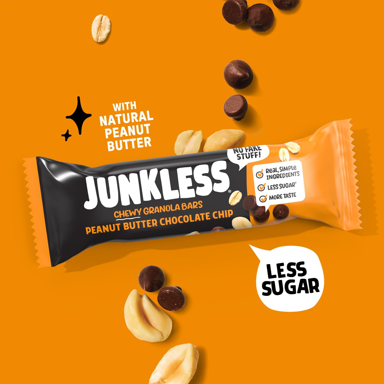 JUNKLESS granola bars Non-GMO badge visible with ingredients list for wholesome snacking options
