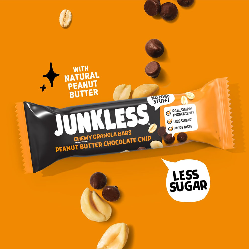 JUNKLESS granola bars Non-GMO badge visible with ingredients list for wholesome snacking options