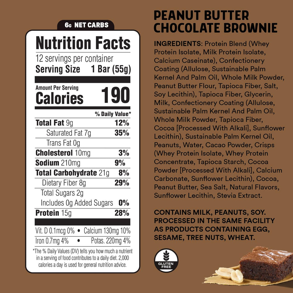JUNKLESS Peanut Butter Chocolate Brownie Bar cross-section shows chewy texture.