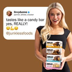 JUNKLESS Peanut Butter Chocolate Brownie Bar gluten-free label signals clean ingredients.
