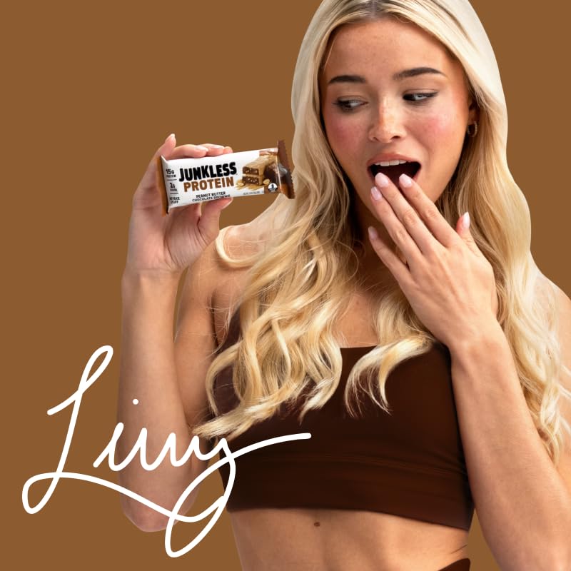 JUNKLESS Peanut Butter Chocolate Brownie Bar pantry display with 12 bars.