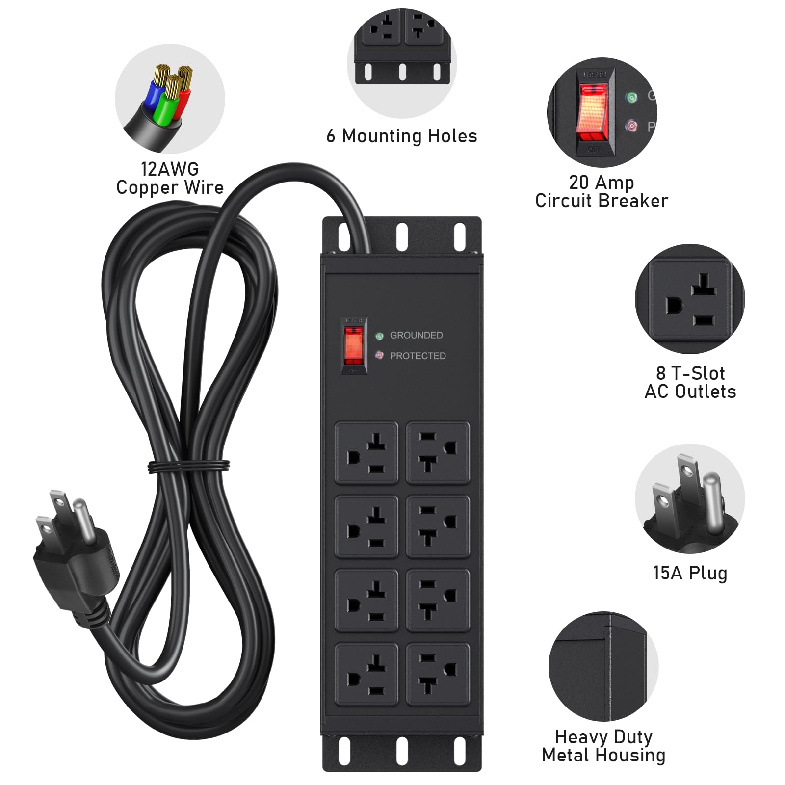 JUNNUJ 4800J surge protector closeup showing rugged metal shell.