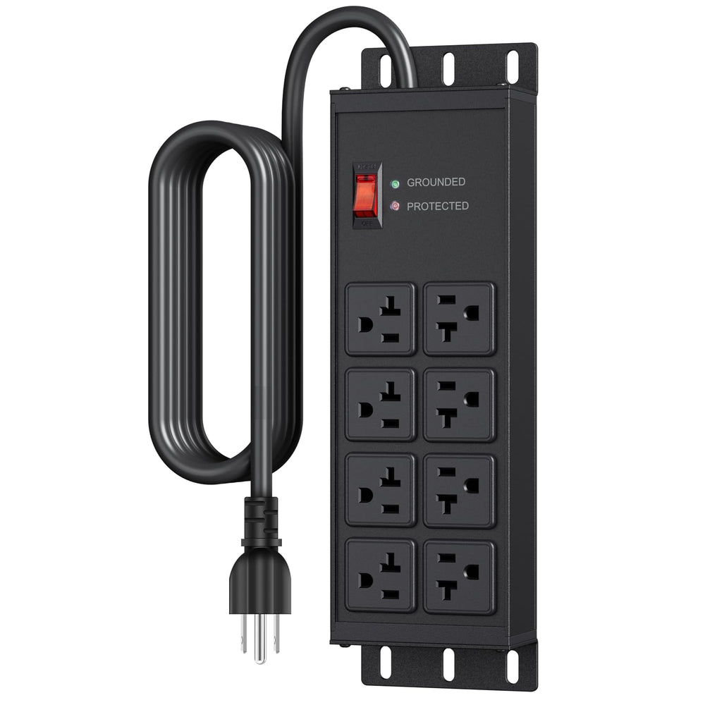 JUNNUJ heavy-duty surge protector with 8 outlets and a 6 ft cord for workshops.