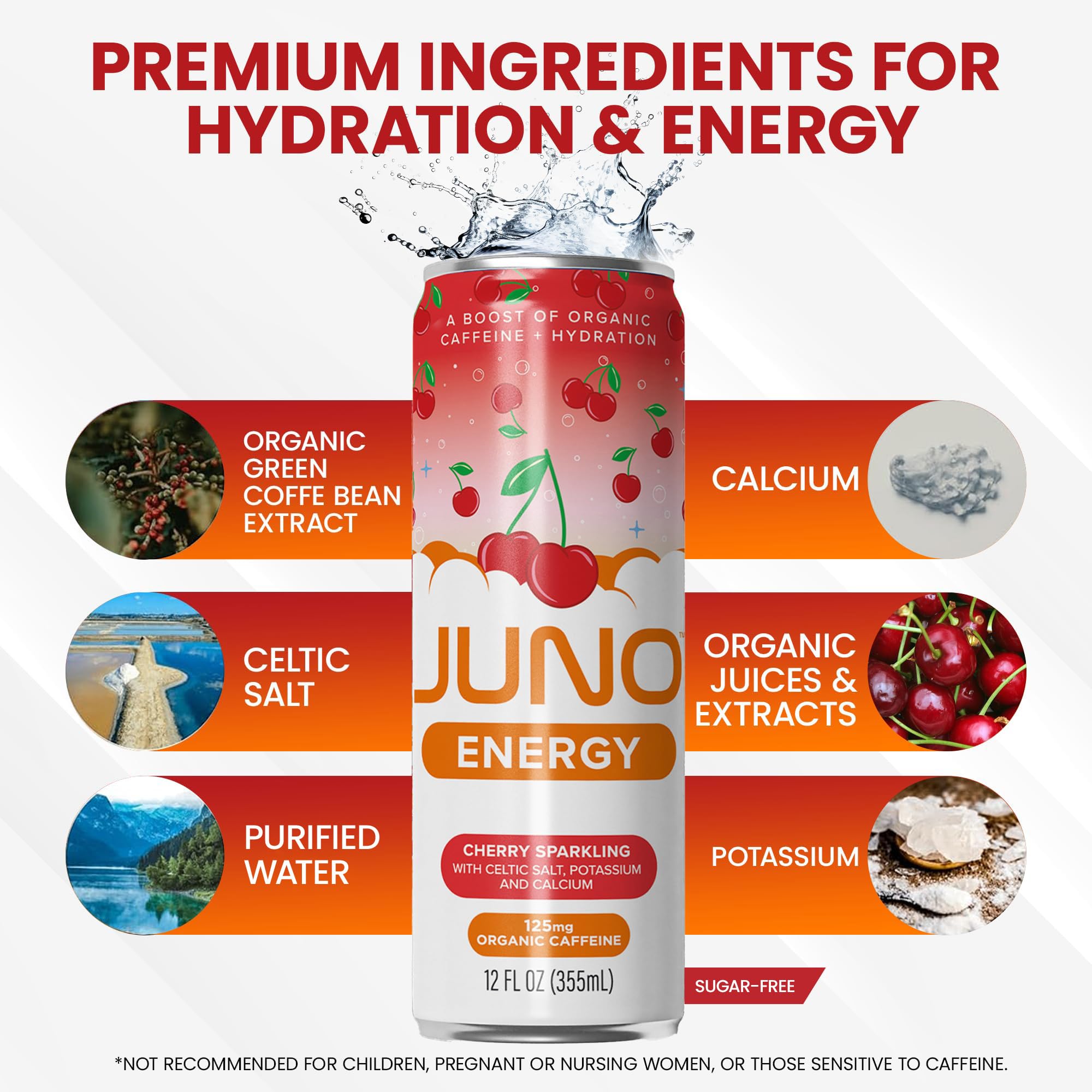JUNO ENERGY Cherry flavor pour highlighting bold taste and hydration.