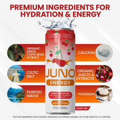 JUNO ENERGY Cherry flavor pour highlighting bold taste and hydration.