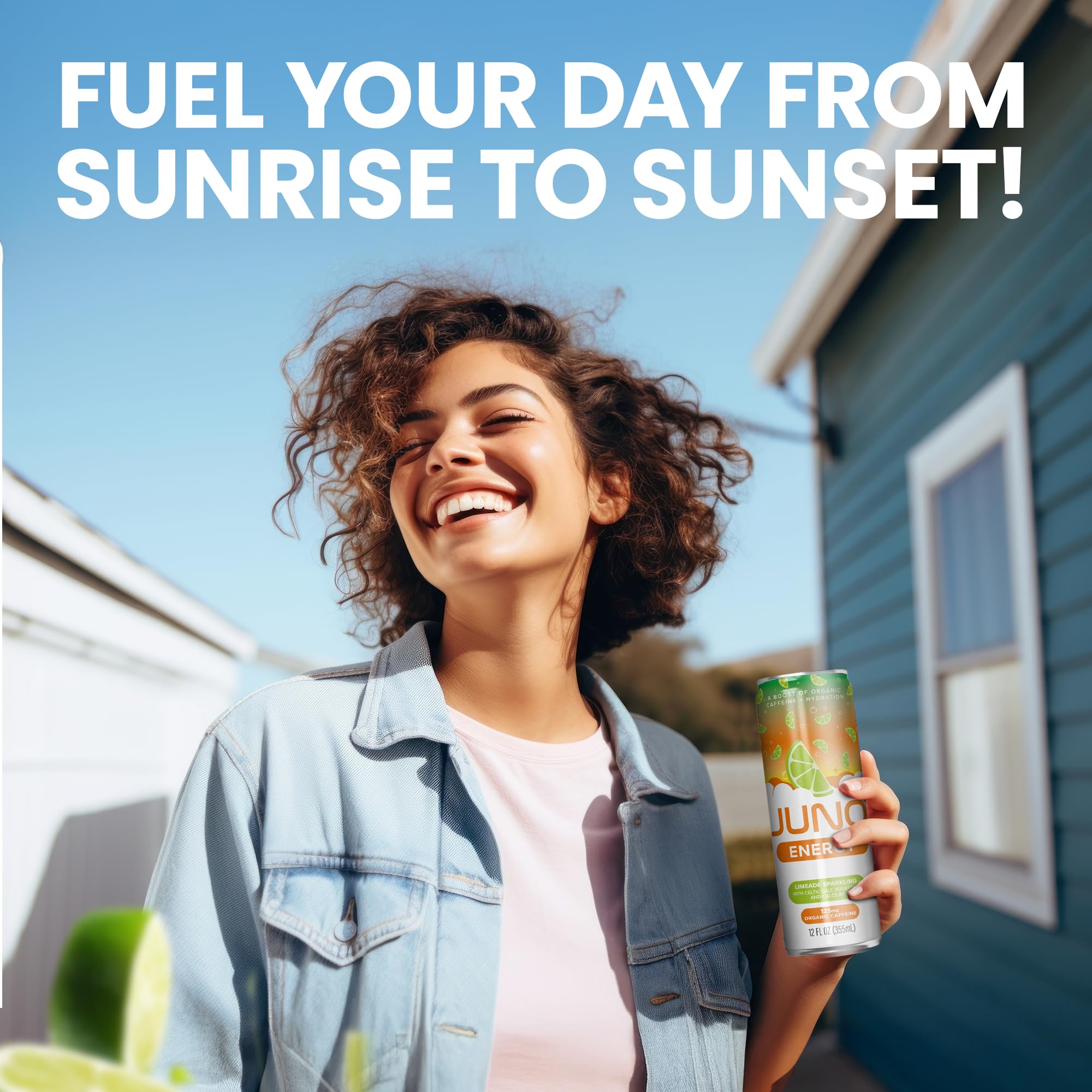 JUNO ENERGY Limeade ingredients close-up featuring stevia and natural caffeine