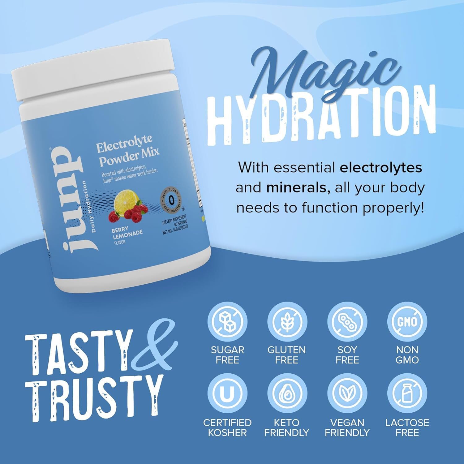 JUNP 90-servings tub on countertop suggests long-lasting keto hydration option