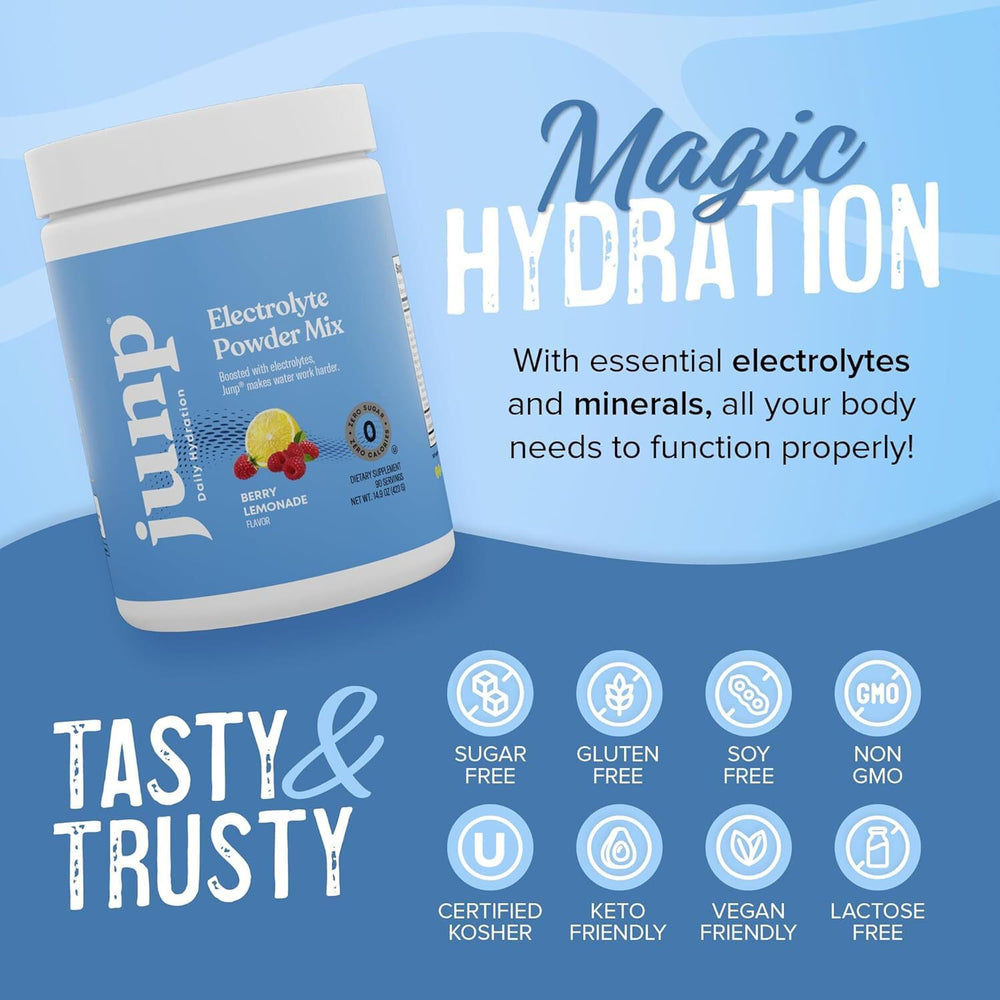 JUNP 90-servings tub on countertop suggests long-lasting keto hydration option