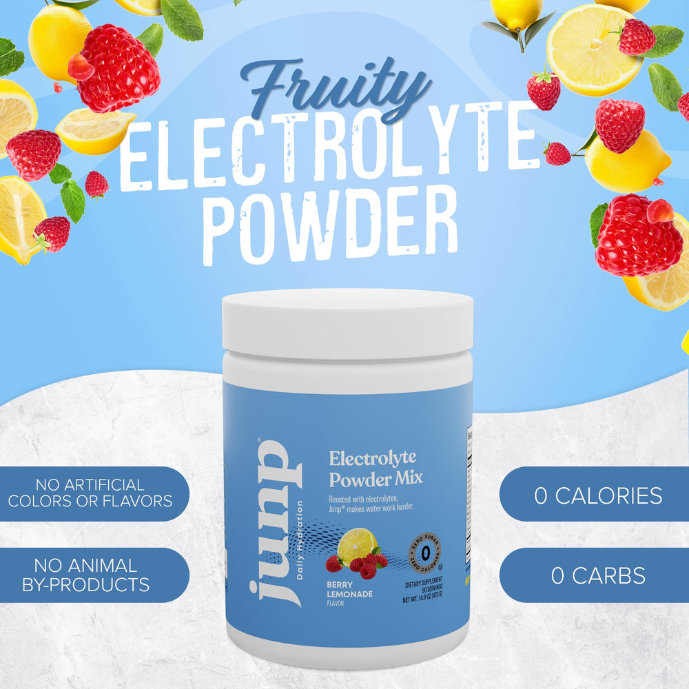 JUNP Berry Lemonade electrolyte powder glass with water demonstrates quick mix and zero sugar