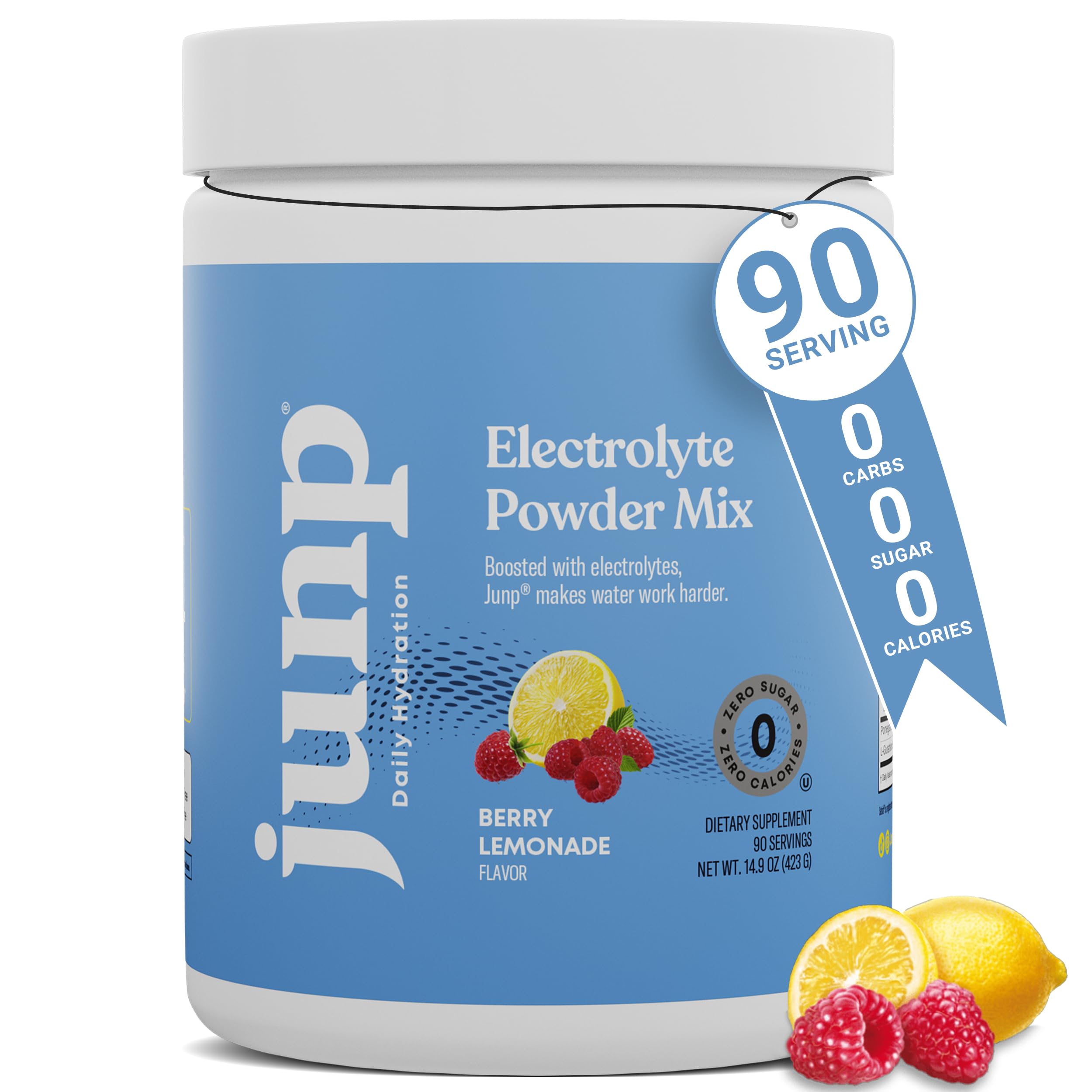 JUNP Berry Lemonade electrolyte powder tub showing vibrant flavor branding for keto hydration