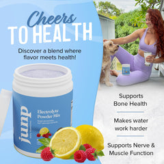JUNP electrolyte powder measuring scoop highlights easy 16 oz mix for on-the-go hydration