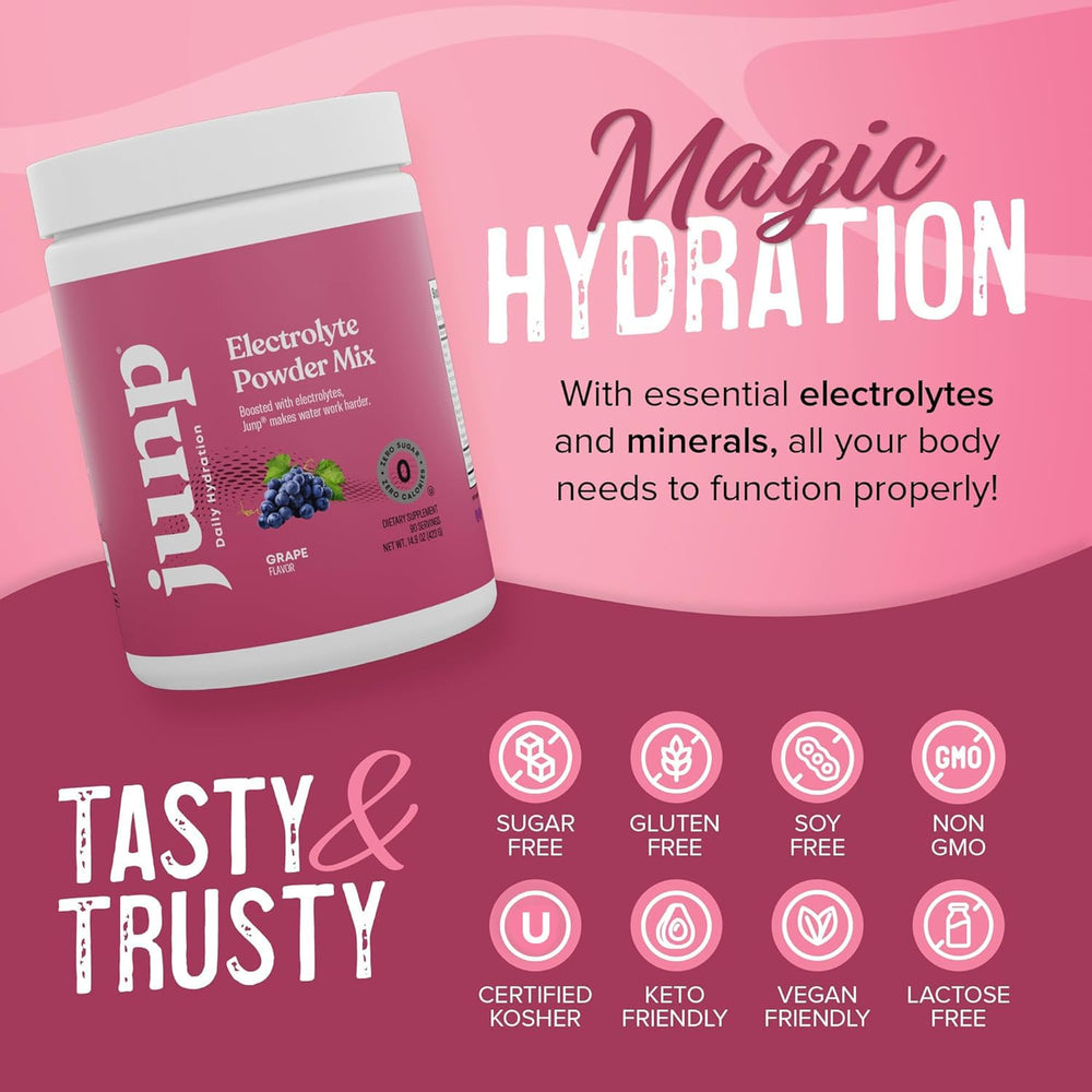 JUNP grape nutrition label highlights kosher, vegan, and non-GMO credentials.