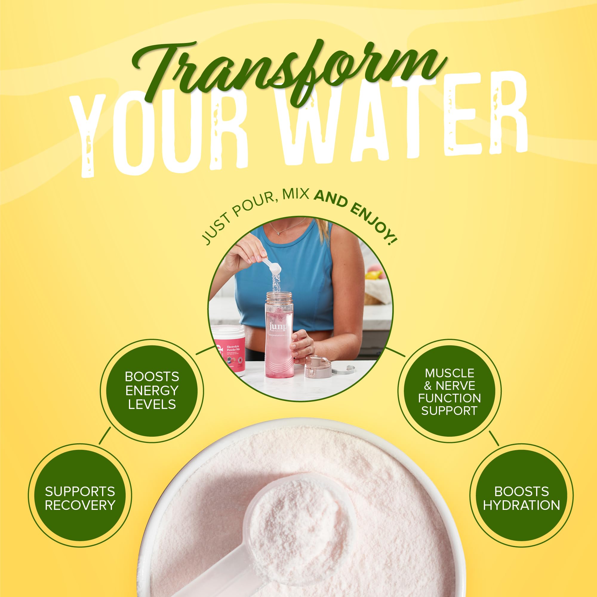JUNP Lemonade Electrolyte Powder poured into a glass with ice.