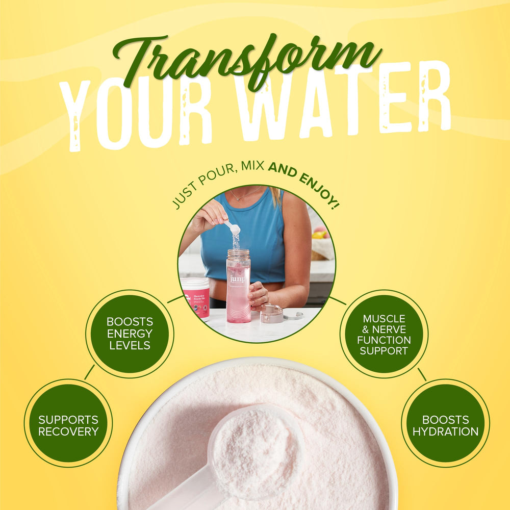 JUNP Lemonade Electrolyte Powder poured into a glass with ice.