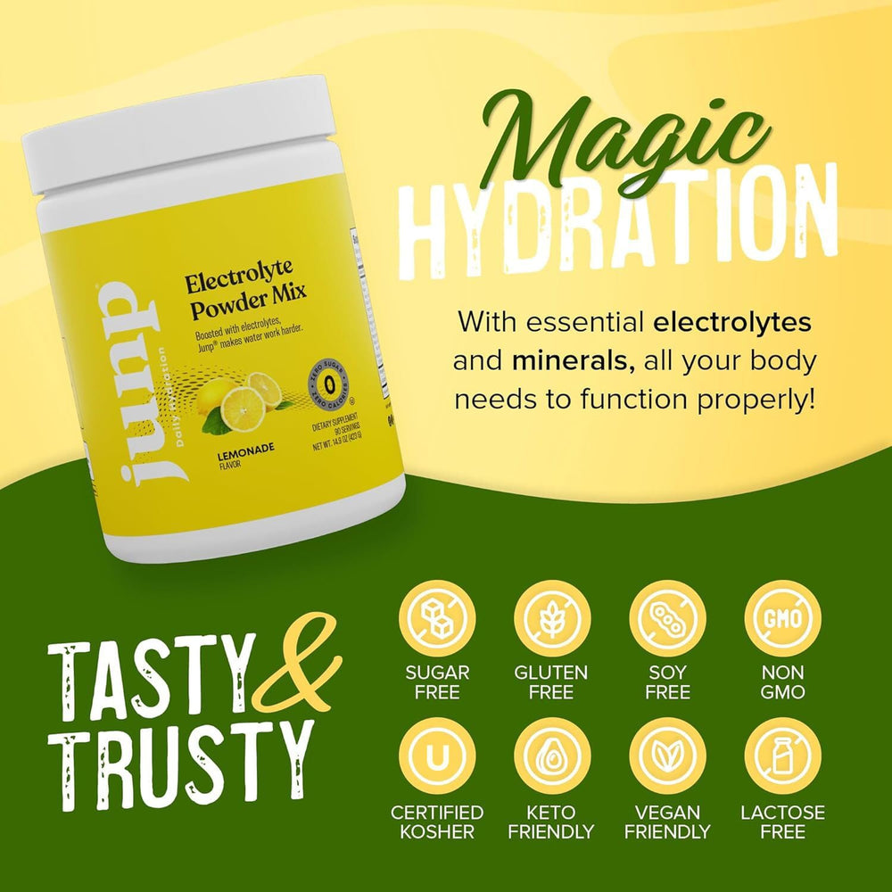 JUNP Lemonade Electrolyte Powder label close-up highlighting kosher and keto features.