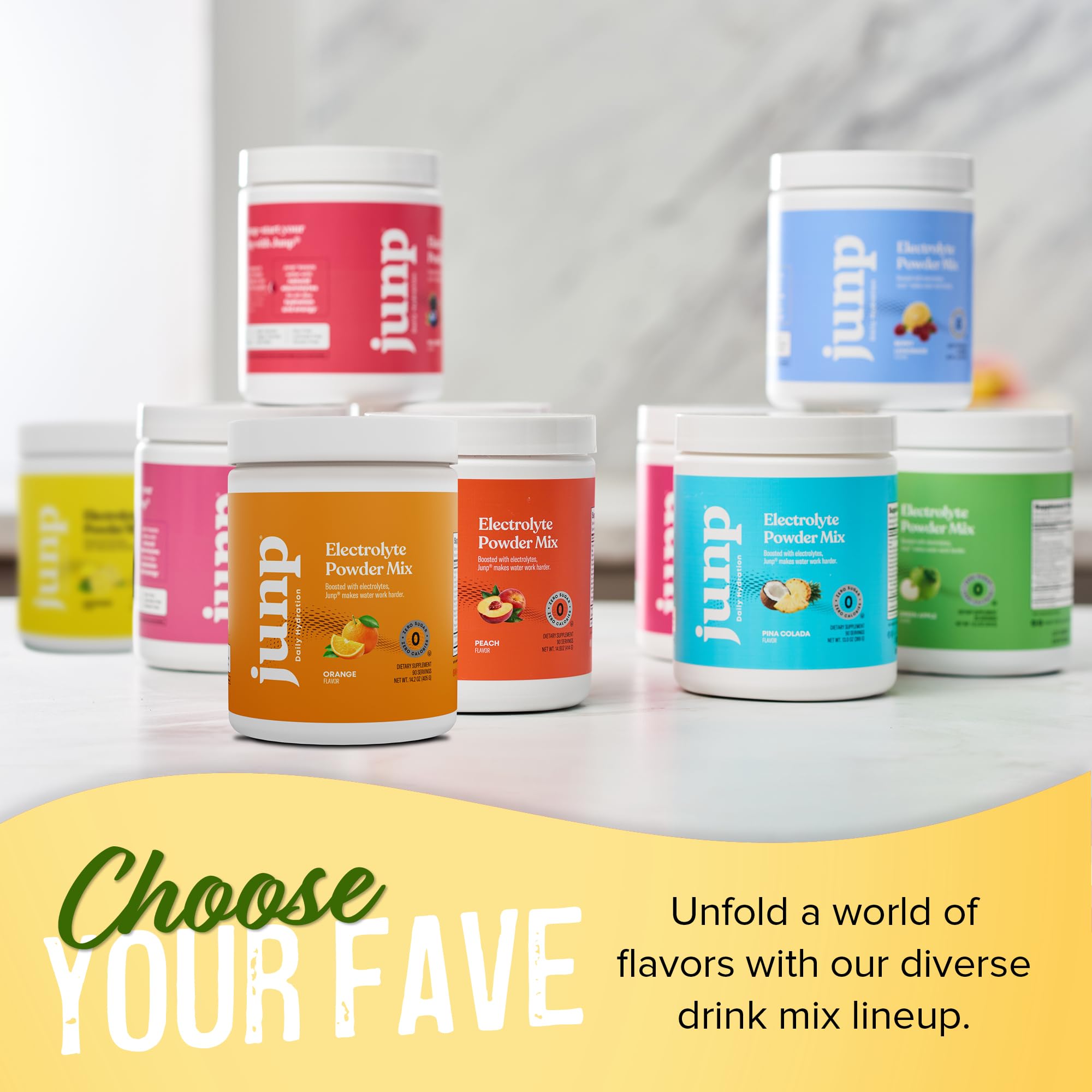 JUNP Lemonade Electrolyte Powder packaging highlighting zero calories and vegan-friendly.