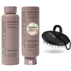 Jupiter anti-dandruff shampoo bottle showing flakes reduction and clean scalp.