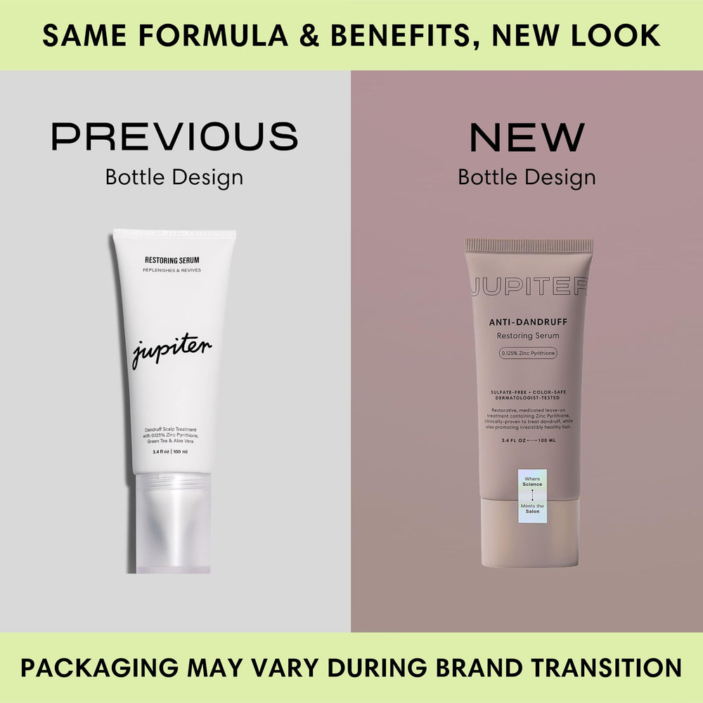 Jupiter Restoring Scalp Serum label close-up highlights zinc-based anti-dandruff components.